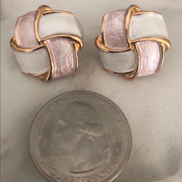 18kt Gold Plated Rose Pink & White Enamel Designer Earrings - Picture 3 of 5